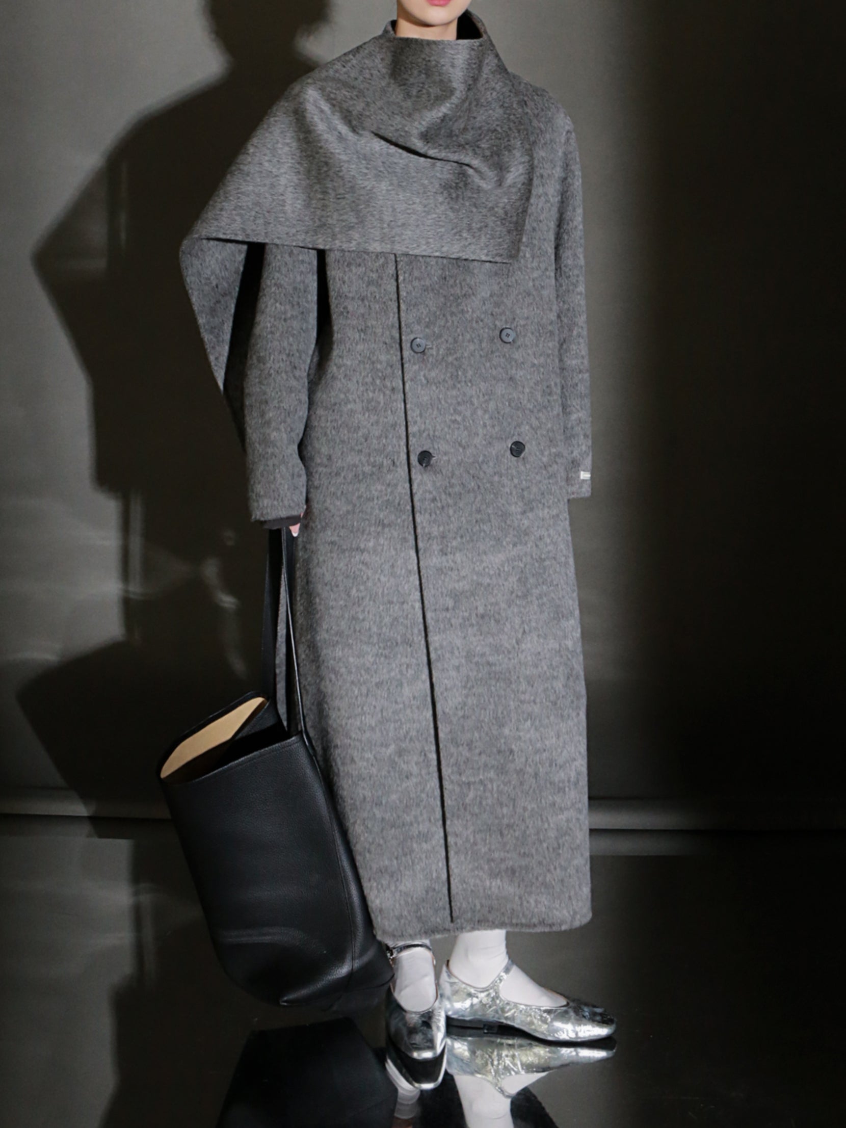 Elle Scarf Collar Cashmere Coat Grey