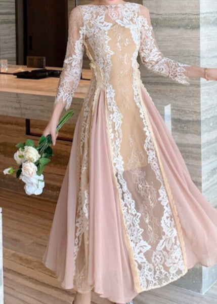 mame　Leaver Lace Classical Dress Classic Pearled Peach Leaf Lace A-line Prom Dress - Lunss