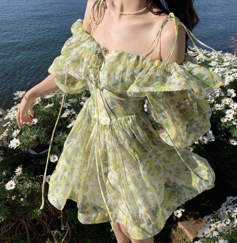 daisy chiffon dress NEW FREE PEOPLE YELLOW DAZEY FLORAL CHIFFON 2-FER DRESS BUTTON NECK TIE Z210-5