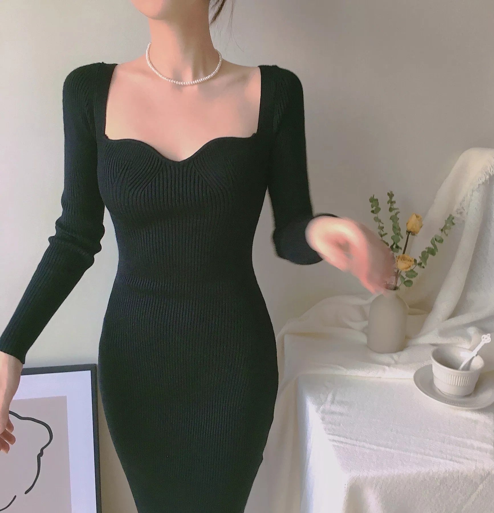 Elena French Knit Dress Black