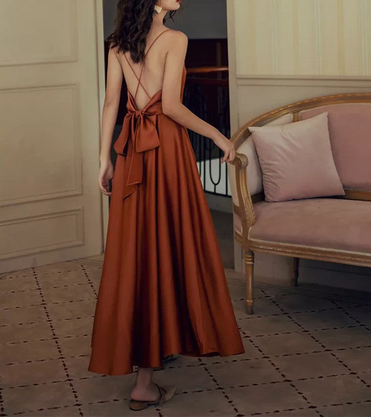 brown satin backless dress Slip backless dress Dark brown satin bias cut gown Pure mulberry 100% silk maxi formal dress with cowl neck Simple wedding guest dress