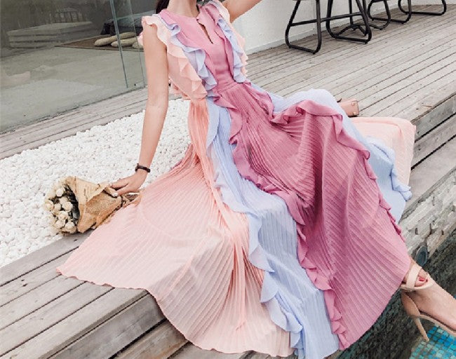 chiffon rainbow dress Rainbow Bohemian Maxi Gown with Rhinestone Belt