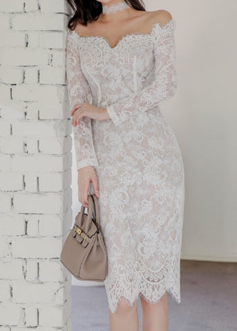 Theresa French Lace Dress Beige
