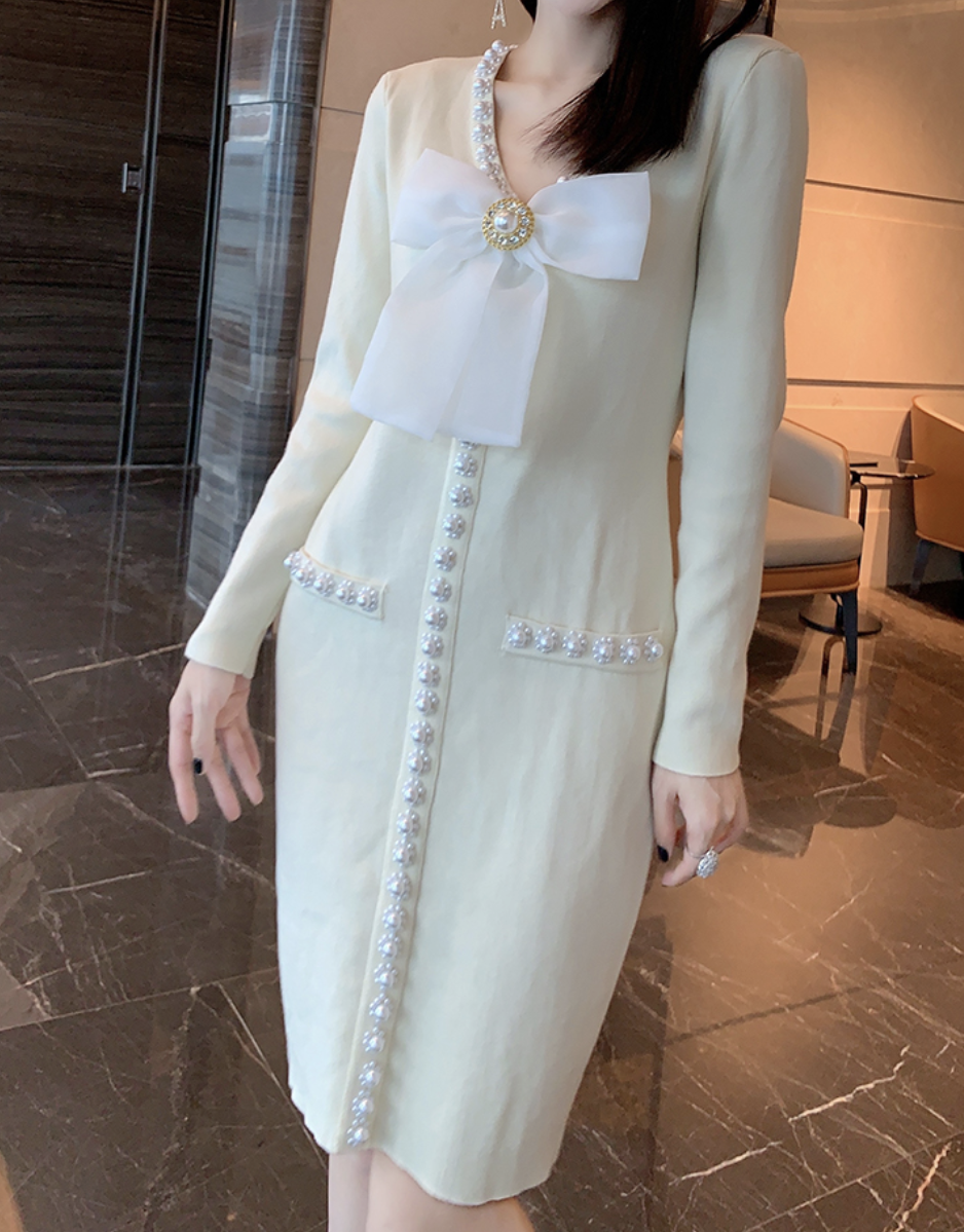 Roma Pearl Knit Dress Ivory